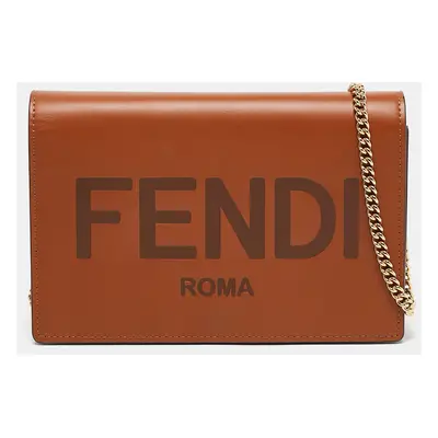 Fendi Brown Leather Logo Embossed Wallet On Chain