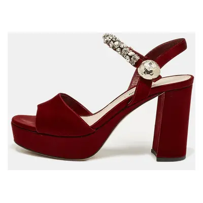 Miu Miu Burgundy Satin Crystal Embellished Platform Sandals Size