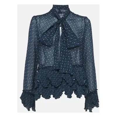 See by Chloe Navy Blue Printed Crepe Asymmetric Plisse Blouse