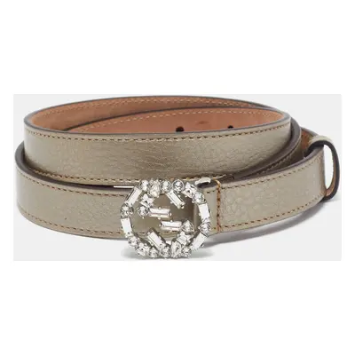 Gucci Gold Leather Crystal Embellished Interlocking G Buckle Belt 90CM