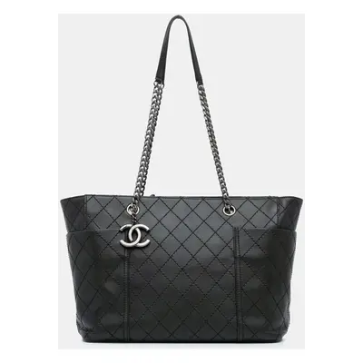 Chanel Black Medium CC Stitched Calfskin Pocket Zipped Chain Tote