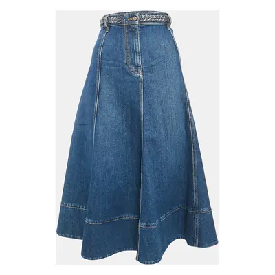 Valentino Blue Denim Braid Detail Waist Midi Skirt