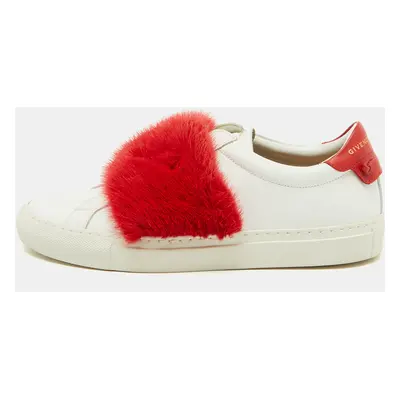 Givenchy White/Red Leather and Mink Fur Urban Street Slip On Sneakers Size