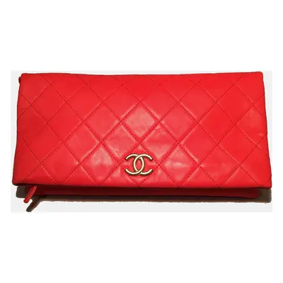 Chanel Red Quilted Leather Cc Fold Over Clutch