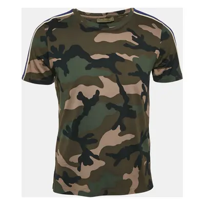 Valentino Green Camouflage Print Cotton Shoulder Stripe Detail T-Shirt