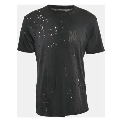 Amiri Charcoal Black Distressed Cotton Crew Neck T-Shirt