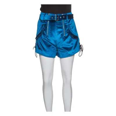 Self Portrait Peacock Blue Velvet Lace-up Cuff Belted High Waist Shorts