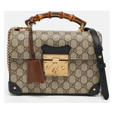 Gucci Beige/Black GG Supreme Canvas Small Bamboo Padlock Top Handle Bag