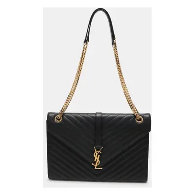 Saint Laurent Black Chevron Leather Monogram Envelope Shoulder Bag