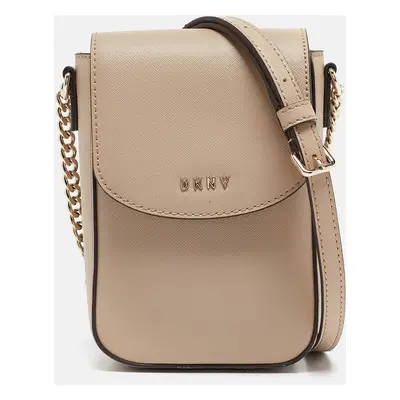 DKNY Beige Saffiano Leather Flap Phone Crossbody Bag