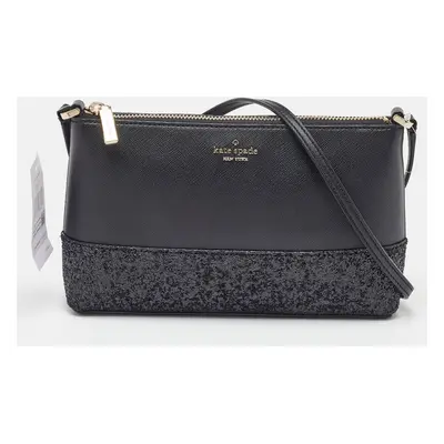 Kate Spade Black Glitter and Leather Ramey Greta Court Crossbody Bag