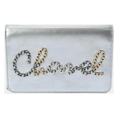 Chanel Silver Leather Written In Chain Wallet On Chain