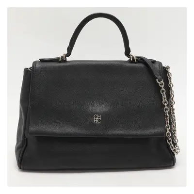 CH Carolina Herrera Black Leather Minuetto Flap Top Handle Bag