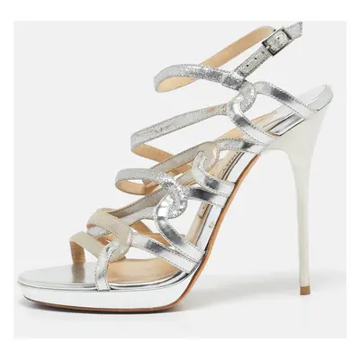 Jimmy Choo Silver Glitter and Leather Lance Ankle Strap Sandals Size