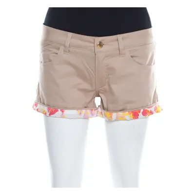 Just Cavalli Beige Stretch Cotton Contrast Cuff Detail Mini Shorts