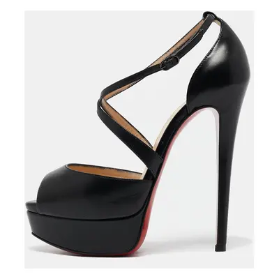 Christian Louboutin Black Leather Cross Me Platform Peep Toe Pumps Size 35.5