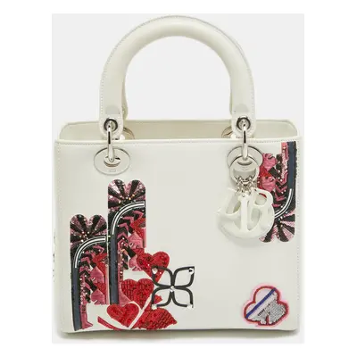 Dior White Leather Sequin and Embroidered Lady Dior Tote