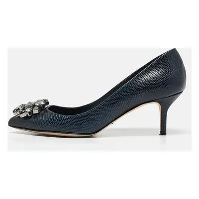 Dolce & Gabbana Navy Blue Lizard Embossed Leather Bellucci Pumps Size 36.5