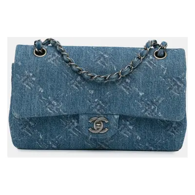 Chanel Blue Medium Classic Printed Denim Double Flap