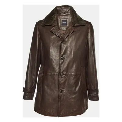 Boss by Hugo Boss Brown Fur Trim Leather Jacket with Vest