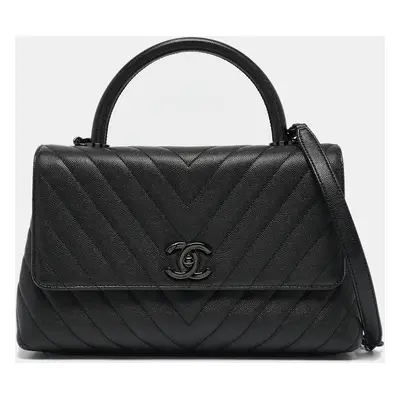 Chanel Black Chevron Caviar Leather Coco Top Handle Bag