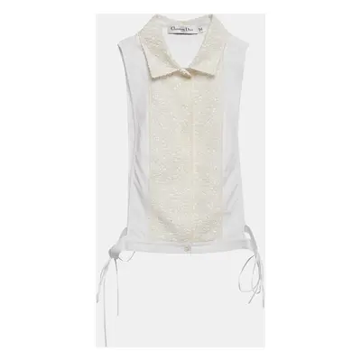 Dior White Cotton Lace Overlay Button Front Plastron