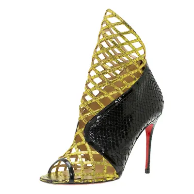 Christian Louboutin Black and Gold Python Bougliona Cage Ankle Boots Size 38.5