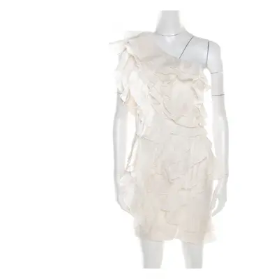 Isabel Marant Off White Floral Patterned Silk Ruffled Tiered One Shoulder Dress