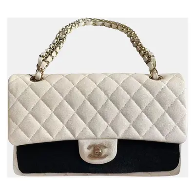 Chanel White Gold Button Caviar Leather Medium Bag