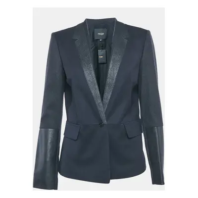 Maje Navy Blue Leather Trim and Wool Single Breasted Blazer