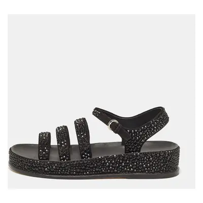 Chanel Black Suede Crystals Embellished Flat Sandals Size