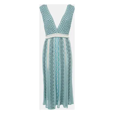 M Missoni Blue Patterned Knit V-Neck Sleeveless Midi Dress