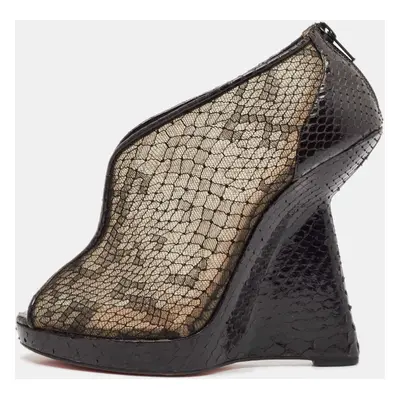 Christian Louboutin Black Mesh And Python Leather Janet Wedge Booties Size