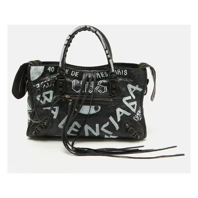 Balenciaga Black Leather Graffiti Print Classic Small City RH Tote