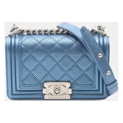 Chanel Blue Small Quilted Perforated Metallic Lambskin Boy Flap