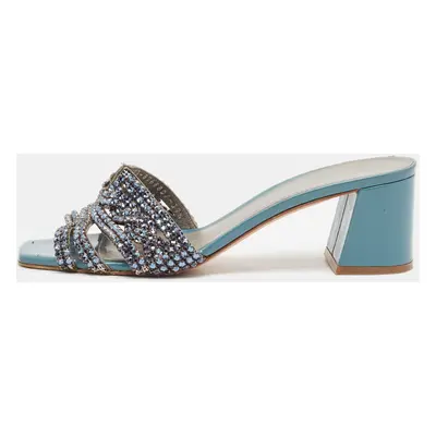 Gina Blue Leather Crystal Embellished Utah Slide Sandals Size 39.5