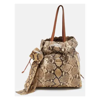 Prada Beige/Brown Python and Leather Bow Drawstring Tote