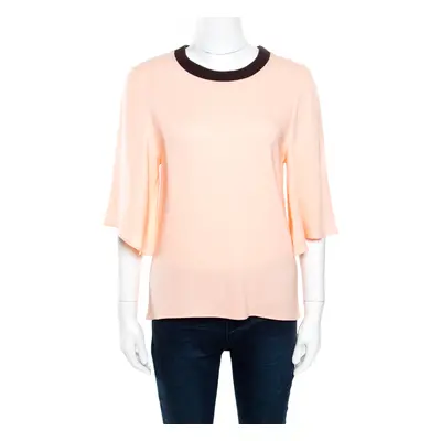 Roksanda Ilincic Peach Crepe Contrast Ribbed Neck Detail Flared Sleeve Top