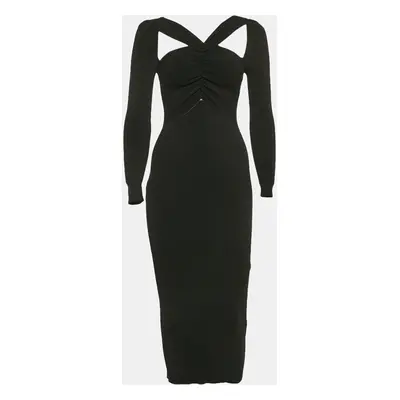 Self-Portrait Black Rib Knit Cut-Out Ruched Midi Dress