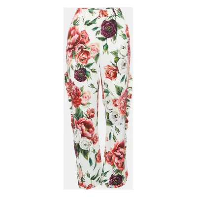 Dolce & Gabbana White Floral Print Crepe Ruffled Trousers