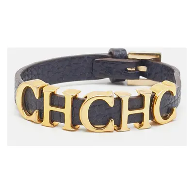 Carolina Herrera Navy Blue Leather Gold Tone Logo Charm Bracelet