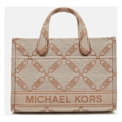 Michael Kors Beige/Brown Logo Jacquard Fabric Gigi Empire Tote