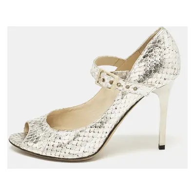 Jimmy Choo Silver Python Embossed Leather Mary Jane Pumps Size 38.5