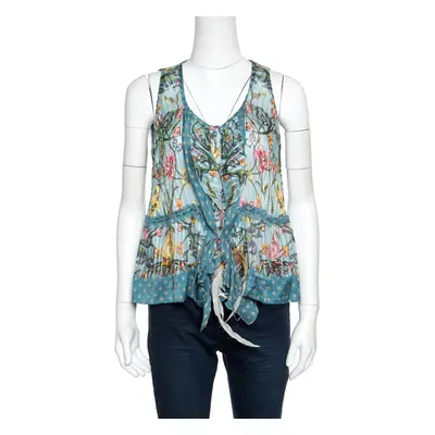 Roberto Cavalli Blue Floral Printed Silk Ruffled Feather Tie Detail Blouse