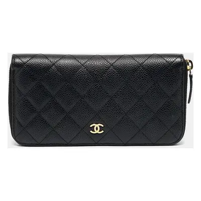 Chanel Black Quilted Caviar Leather CC Zip Around Wallet