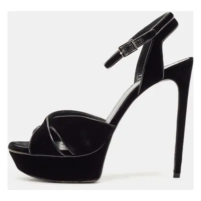 Saint Laurent Black Velvet Tribute Ankle Strap Sandals Size