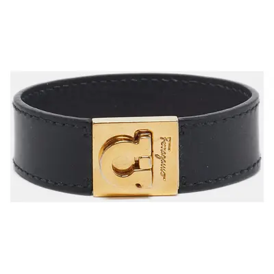 Salvatore Ferragamo Gancini Black Leather Gold Tone Bracelet