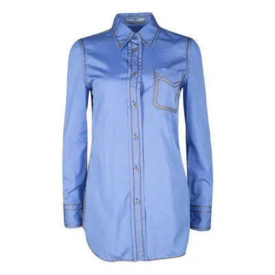 Prada Blue Cotton Contrast Embroidered Long Sleeve Button Front Shirt