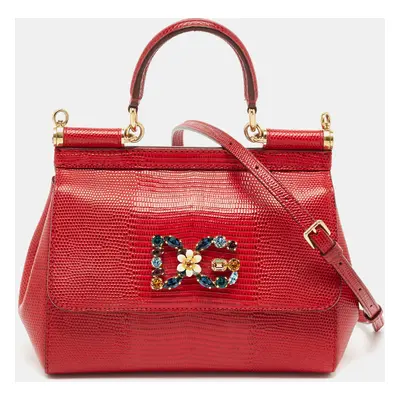 Dolce & Gabbana Red Lizard Embossed Leather Small Crystals DG Miss Sicily Bag