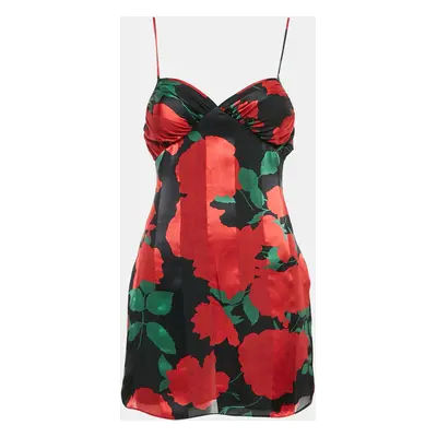 Saint Laurent Black/Red Rose Print Satin Silk Mini Slip Dress